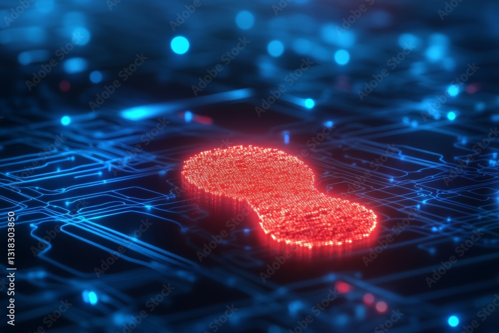 Poster this image features a glowing red blob set against an abstract blue circuit background, creating a v