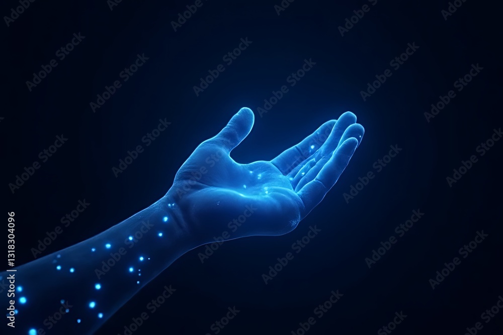 Poster digital hand reaching out abstract concept dark background futuristic environment close view technol