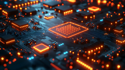 Glowing Circuit Board,  Integrated Microchip Network Illuminates Advanced Technology, Powering Future Innovations Brilliantly.