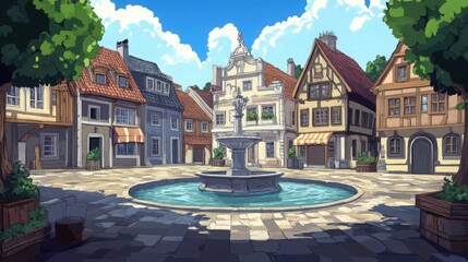 Charming animated town square with fountain and colorful european architecture