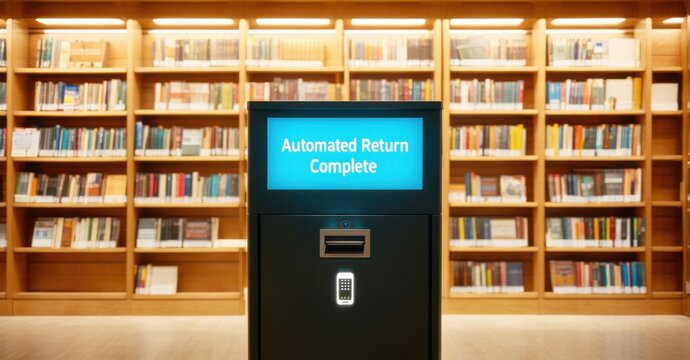 Library return bin with glowing automated return complete sign soft warm interior lighting symbolizing modernization of traditional spaces