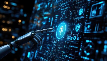 Robotic Hand Interacts With Futuristic Digital Interface