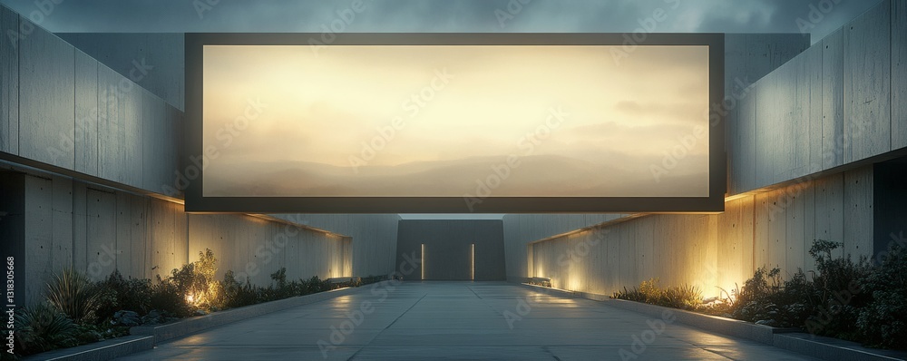 Poster large rectangular screen hangs between concrete structures with plants