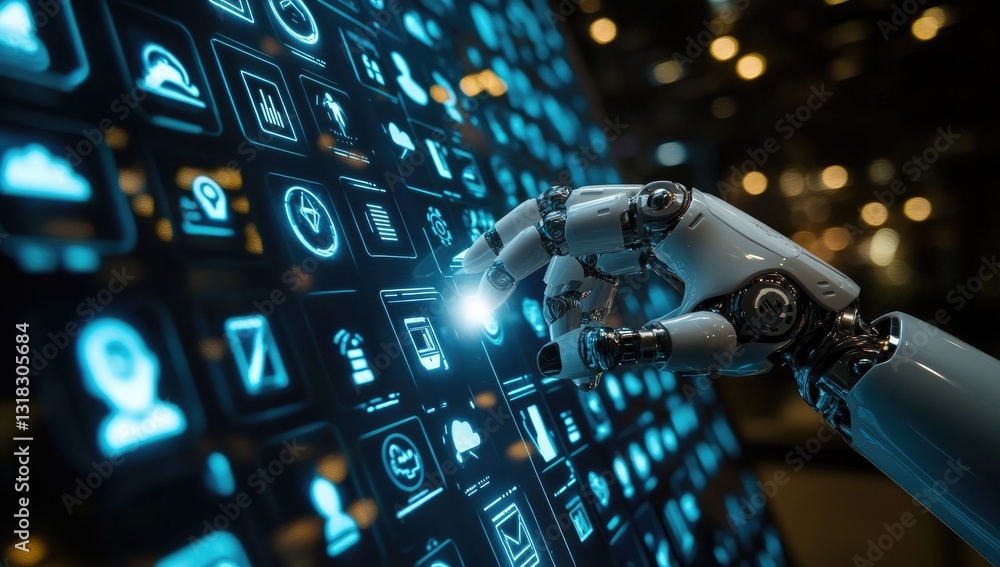 Poster robotic hand interacts with futuristic digital interface in dark environment