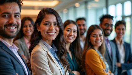 Obraz premium Confident and Diverse Indian Team Standing Together in a Modern Office with Friendly Smiles, Symbolizing Unity and Success
