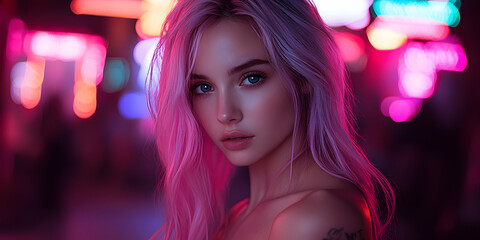 Neon City Nights,  Woman with Pink Hair Poses under Vivid Lights, Captivating View