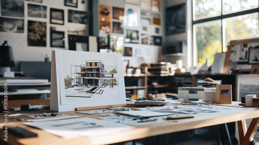 Poster a modern architectural studio filled with design sketches and 3d models