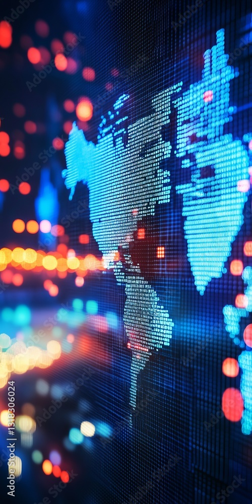 Poster this high-resolution image features an abstract digital map surrounded by vibrant lights and bokeh e