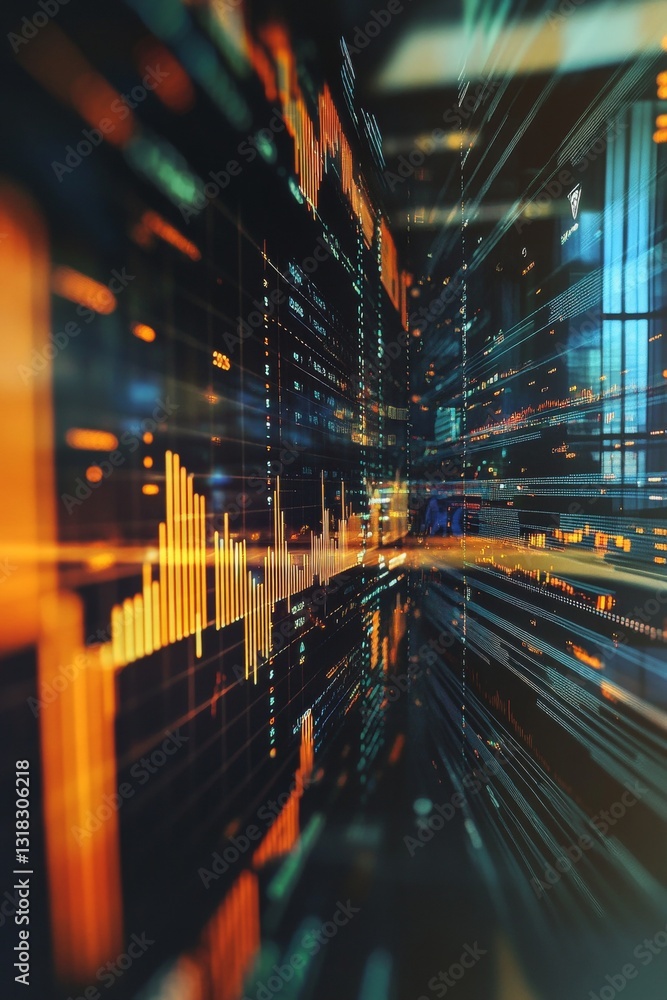 Poster dynamic financial data visualization with graphs and colors in an abstract digital space