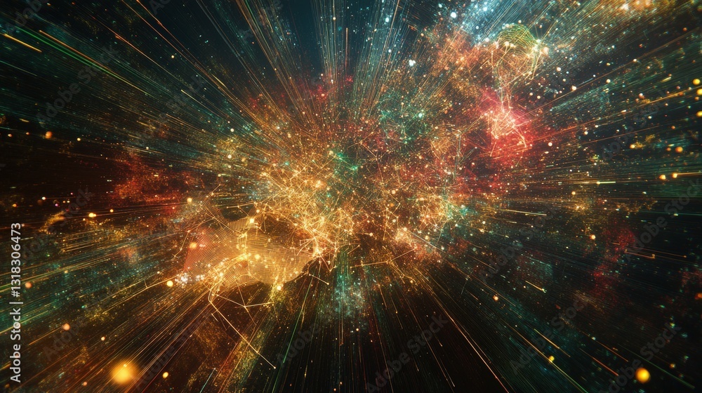 Poster colorful abstract space explosion of light and energy with dynamic particles and stars