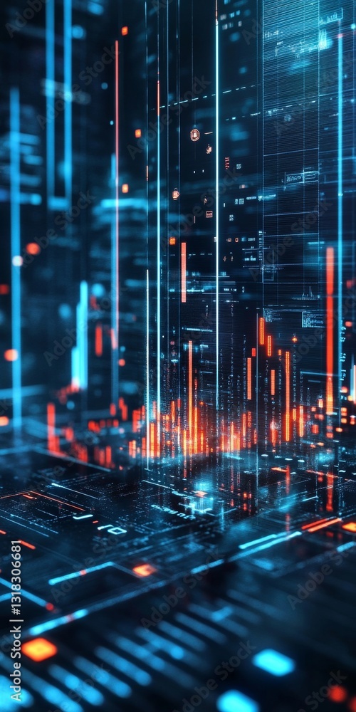 Poster a computer generated image of a cityscape with blue and orange lines