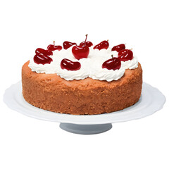 Cherry cake isolated on transparent background, topped with cherries and glaze, perfect for dessert lovers.