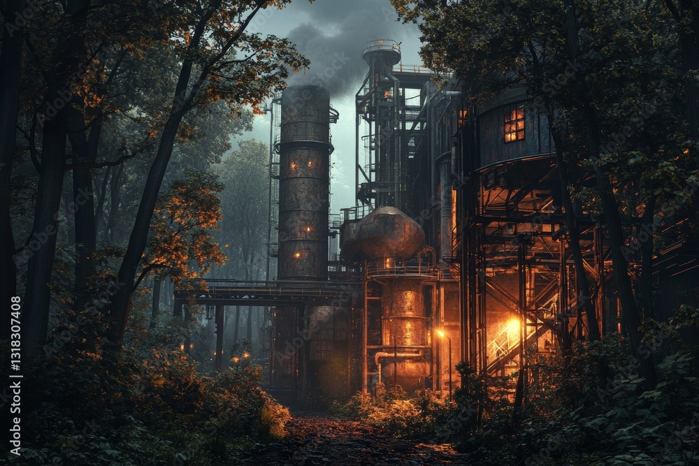 Poster a captivating industrial structure emerges from a dense forest at dusk, bathed in soft orange light.
