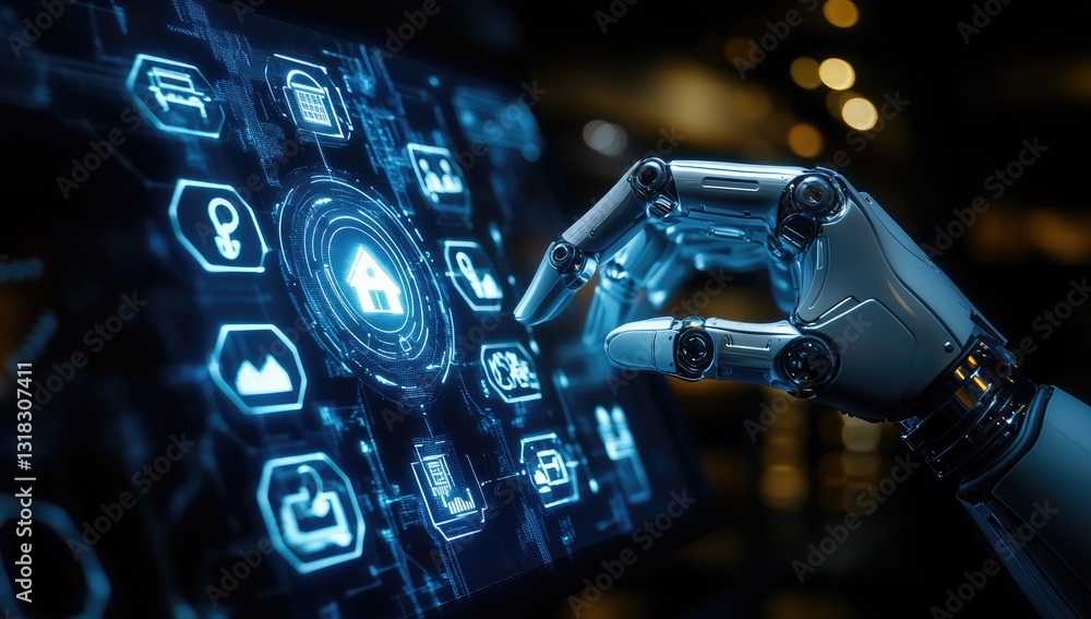 Aufkleber robotic hand interacts with a digital interface displaying glowing icons and data points against a d