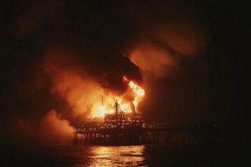 A dramatic fire engulfs an oil rig at night, with bright flames contrasted against dark smoke and water. The scene depicts the intensity and danger of industrial disasters.