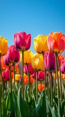 Obraz premium Fields filled with colorful tulips showcase a stunning display of yellow, pink, and orange petals dancing in the gentle breeze. The sun shines brightly, enhancing their vivid hues