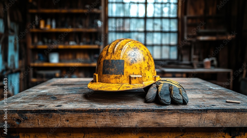 Poster yellow hard hat and gloves resting on a wooden table in a rustic workshop with tools