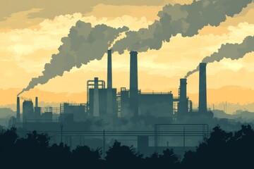 A dramatic industrial landscape showcasing smokestacks emitting dark smoke against a vibrant sunset. The image emphasizes environmental concerns related to pollution.