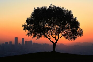 A breathtaking silhouette of a tree stands against a vibrant sunset, showcasing the serene contrast between nature and a bustling urban skyline.