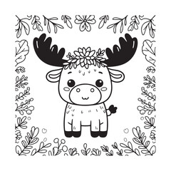  A black and white illustration of a small moose, perfect for a coloring book. vector