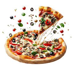 Fresh Veggies Pizza with Mushrooms Olives and Peppers Isolated on Transparent Background