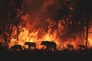 Lions Walking Through Flames in a Dramatic Wildfire Scene