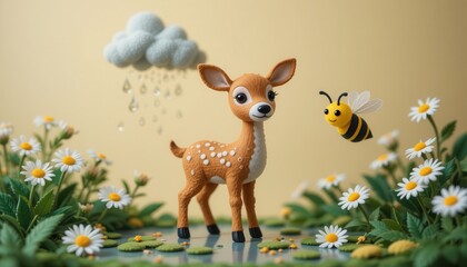 Naklejka premium Adorable Fawn in Rain Daisy Meadow Cute Bee Springtime Scene