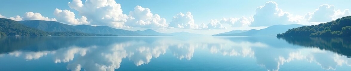Obraz premium Lake's glassy surface reflects soft, white clouds, lakes, reflective, serenity