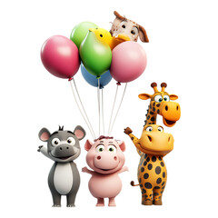 Naklejka premium Group of cheerful cartoon animal characters holding colorful party balloons isolated on a transparent background for children's celebrations.