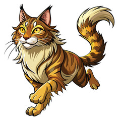 A powerfully built Kurilian Bobtail cat, with thick fur, leaps dynamically, exhibiting a wild, untamed expression.  Capture its unique bobtail and intense gaze.