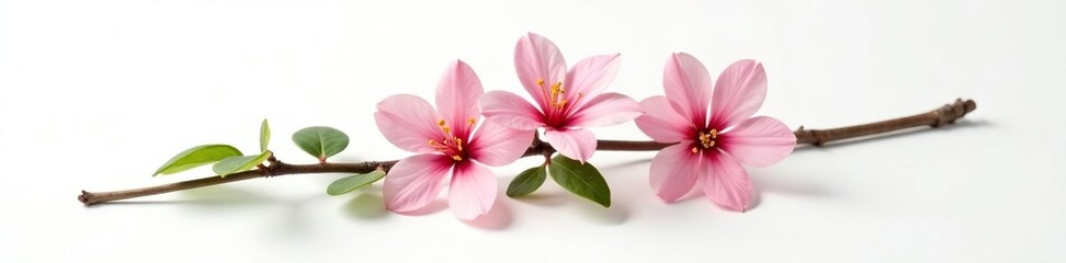 Single branch with flowers and leaves on a white surface, isolated, plant, solo