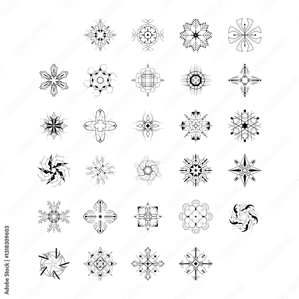 Poster set black colleciton line snowflake doodle winter decoration elements vector design style