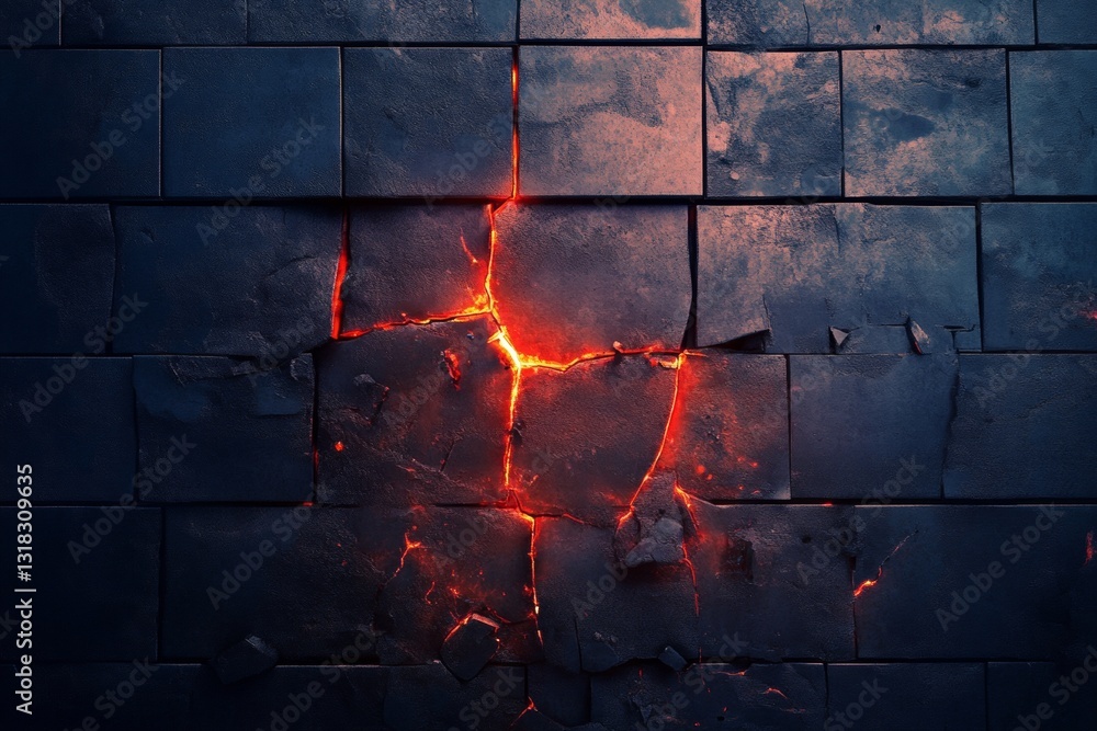 Poster dark tile surface features a prominent crack with glowing lava flowing through it, creating a striki