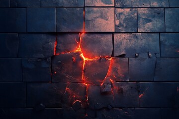 Dark tile surface features a prominent crack with glowing lava flowing through it, creating a...