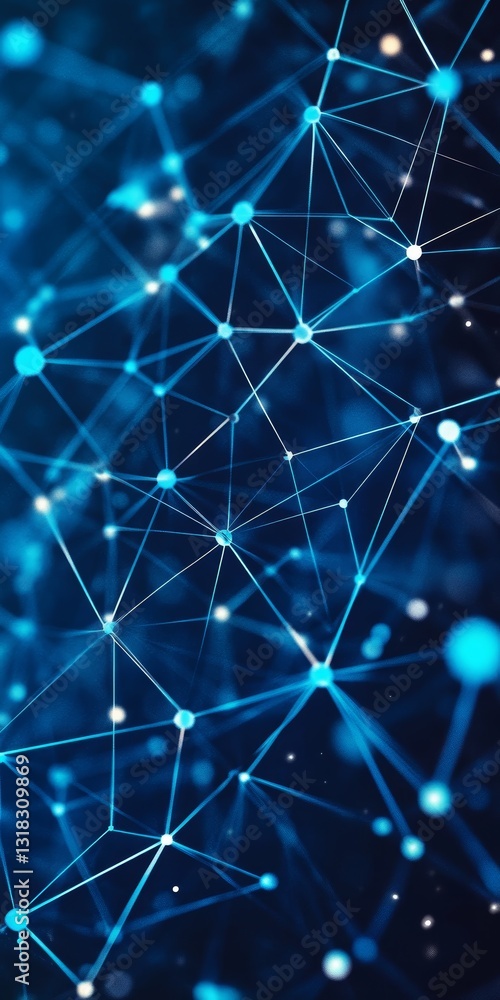 Poster a blue and white image of a network of lines and dots. the image is abstract and has a futuristic fe