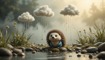 Adorable Hedgehog Sitting by a Stream Under Fluffy Clouds Raining Softly