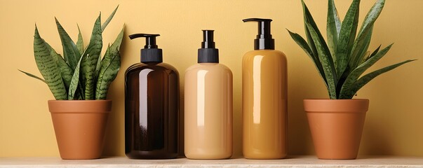 Elegant Display of Bottles with Plants on Wooden Shelf Background