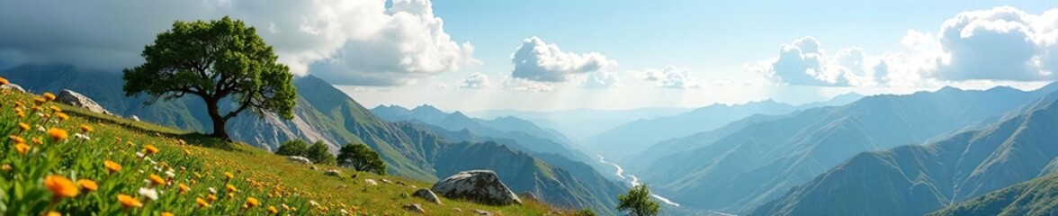 Naklejka premium Isolated tree on a rocky hillside with wildflowers, countryside, natural, tree