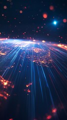 Obraz premium Captivating view of Earth at night, showcasing vibrant light rays and a glowing atmosphere. A stunning visual perfect for technology and nature themes.
