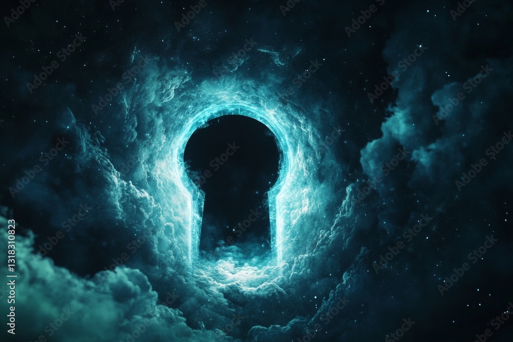 Poster this mesmerizing image features a glowing keyhole amidst cosmic clouds and a starry backdrop, inviti