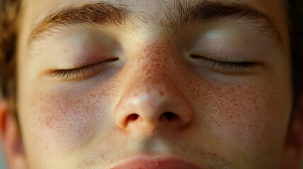 Naklejka premium A personâ€™s face showing a relaxed expression with natural light