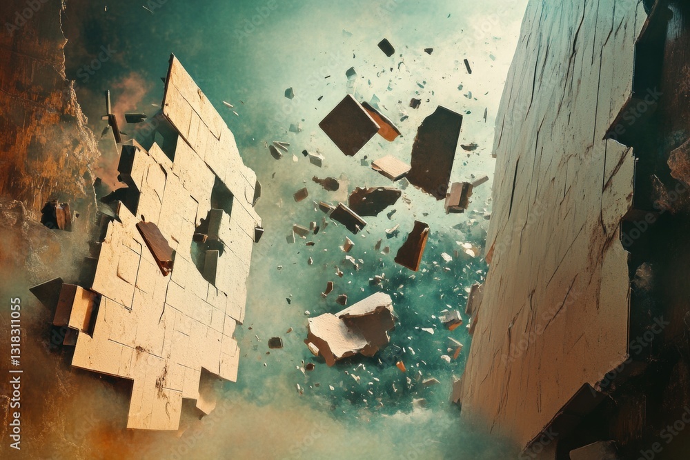 Poster this imaginative artwork features fractured walls breaking apart, surrounded by flying debris, creat