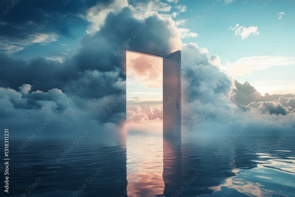 Poster a surreal scene featuring a mystical doorway surrounded by clouds, standing over tranquil water. the