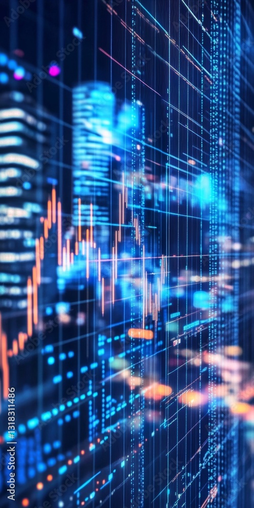 Poster colorful and abstract financial data visualization showcasing glowing charts and graphs representing