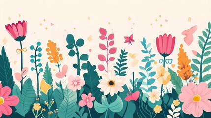 May Day celebration in flat illustration style, showcasing a variety of festive elements like flower crowns, ribbons, and spring blooms, with a unique and harmonious color palette of pinks