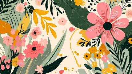 May Day celebration in flat illustration style, showcasing a variety of festive elements like flower crowns, ribbons, and spring blooms, with a unique and harmonious color palette of pinks
