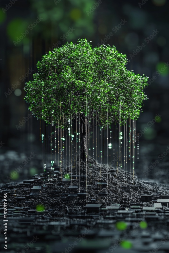 Aufkleber a vibrant green tree stands on a mound of soil, surrounded by a digital rain of binary numbers, symb