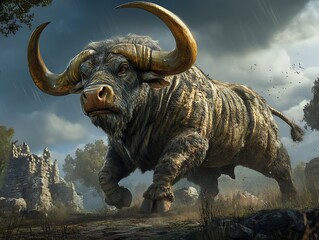 Fototapeta premium Charging Aurochs, Ruins, Stormy Sky