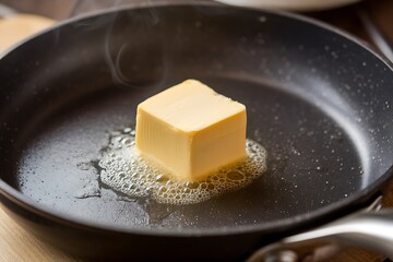 A single cube of butter melts in a dark frying pan, producing foamy butter. Steam rises subtly. The pan sits on a wooden surface.