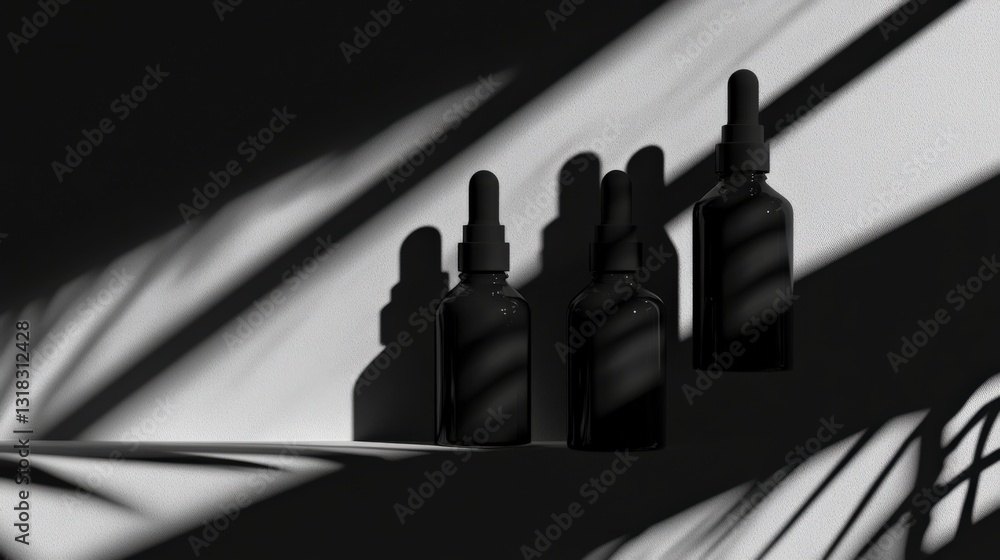 Poster three black dropper bottles casting shadows on a white surface with diagonal light patterns